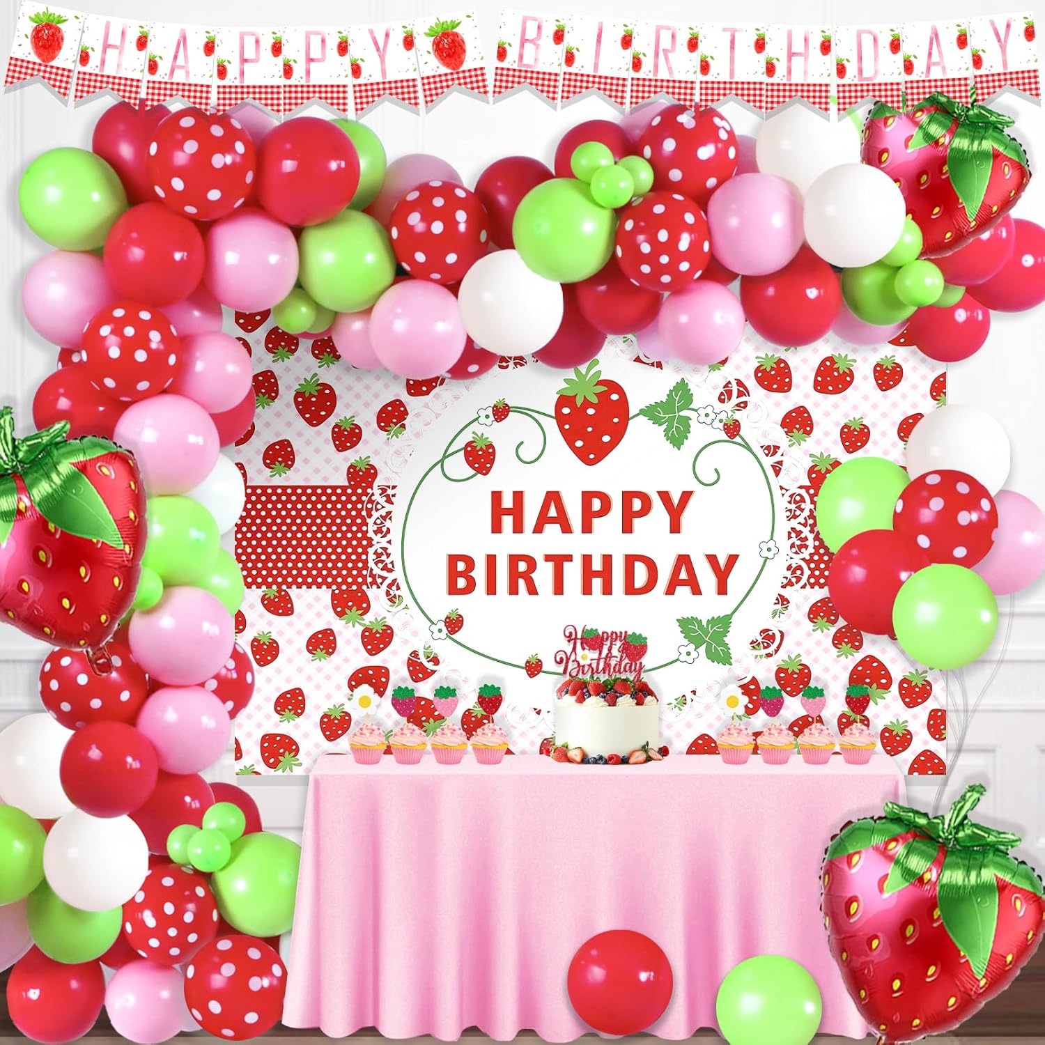 103 PCs Strawberry Party Decorations, Hombae Strawberry Decorations for Birthday Backdrop Balloon Garland Arch Happy Birthday Banner Cake Cupcake Strawberry Party Decorati