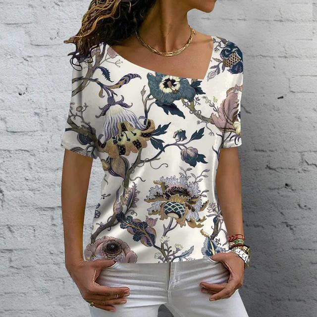 V-neck Fashion T Shirt Summer Flower Printing Short Sleeve Women's Casual Basic T-Shirt Ladies Vintage Elegance Tops