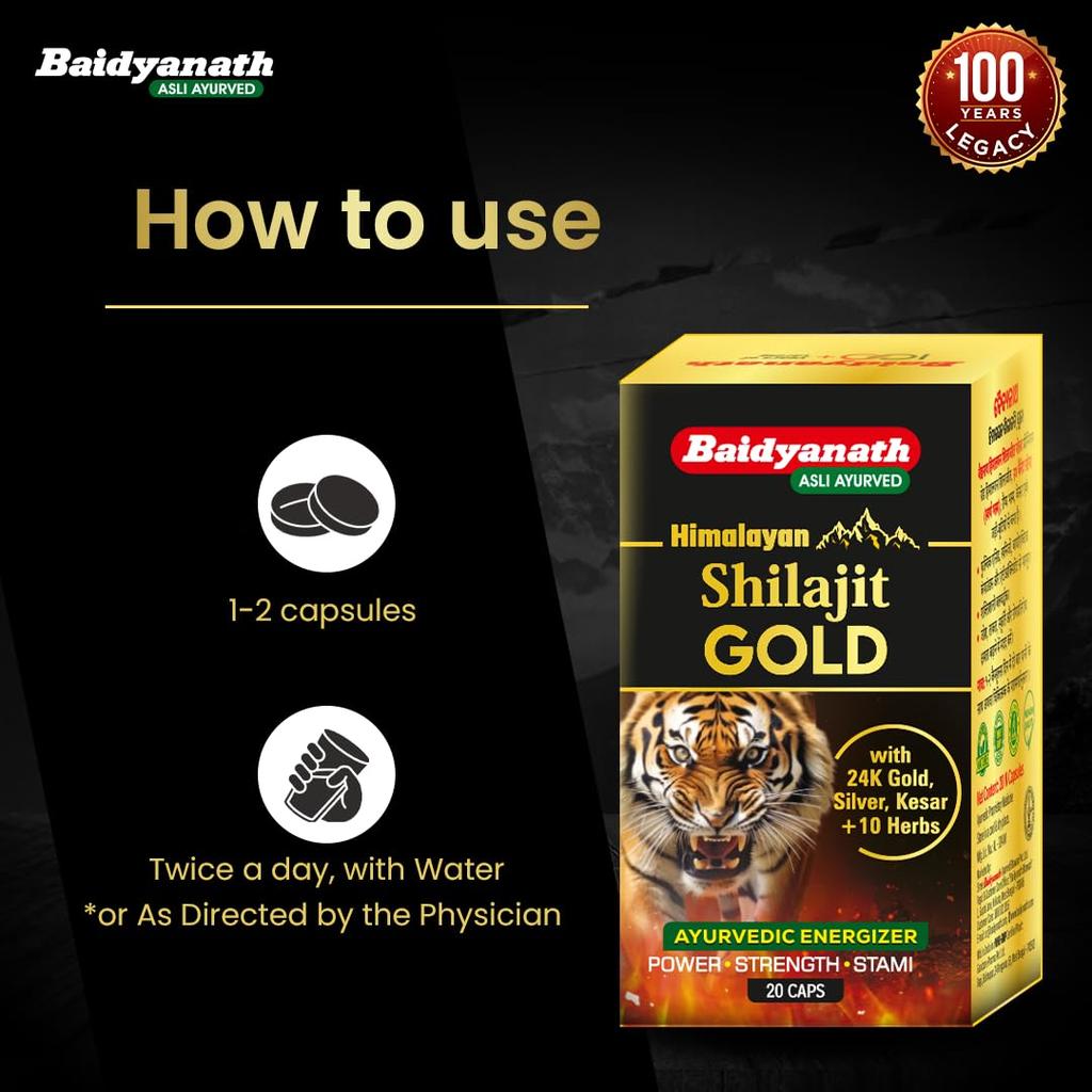 Baidyanath Himalayan Shilajit Gold Ayurvedic 20 Capsules with Gold, Silver & Herbal Extracts for Daily Energy and Vitality