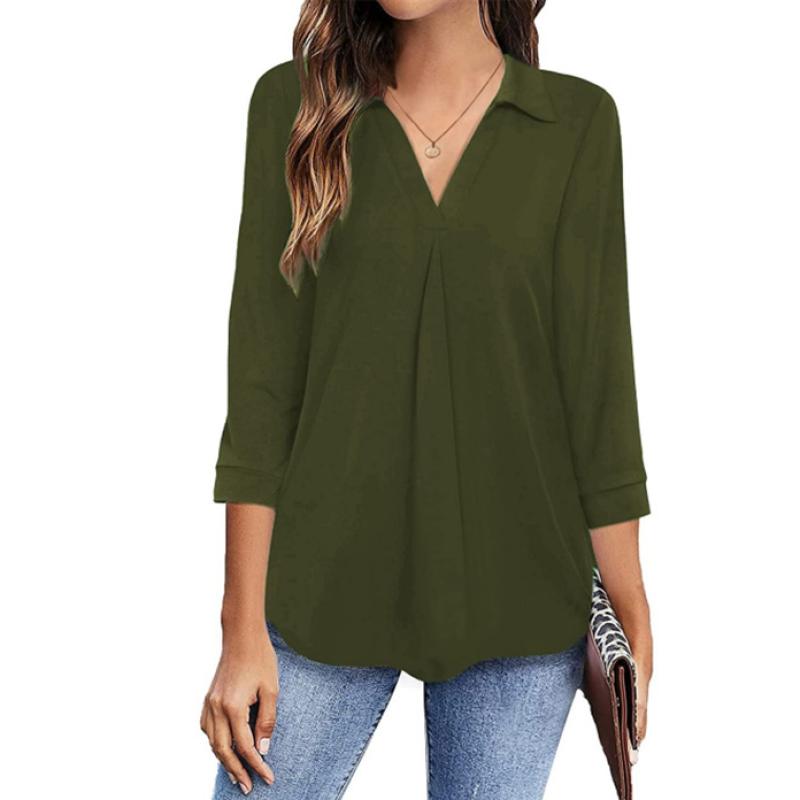 2025 Spring Autumn Women's Chiffon Blouse, Notched Lapel V-Neck Three-Quarter Sleeve Shirt, Loose Fit Solid Color Office Casual Top For Workwear