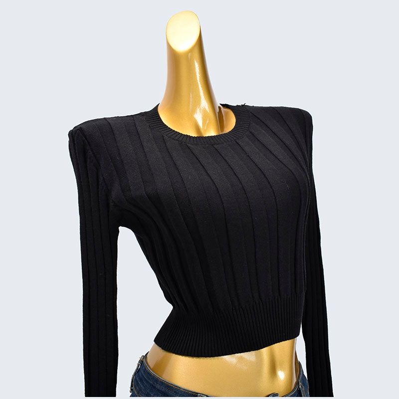 Export Cut Label Round Neck Short Long-Sleeved Knitting Bottoming Shirt Pullover Sunken Stripe Inner Wear Autumn Women's High Waist Crop Top