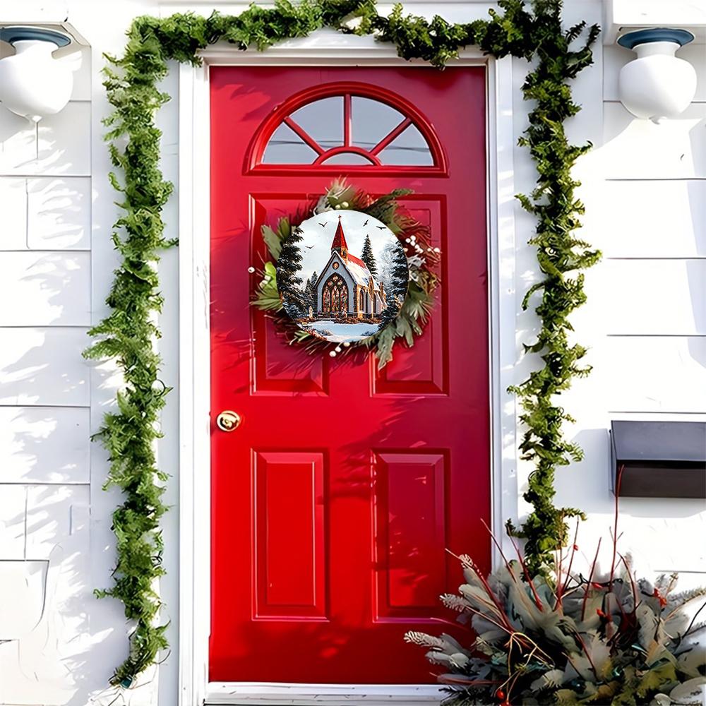 Winter Snow Church Scene Round Wooden Hanging Sign, 2D Flat Printed Wall Door Ornament, Christmas Home Porch Holiday Decor Gift