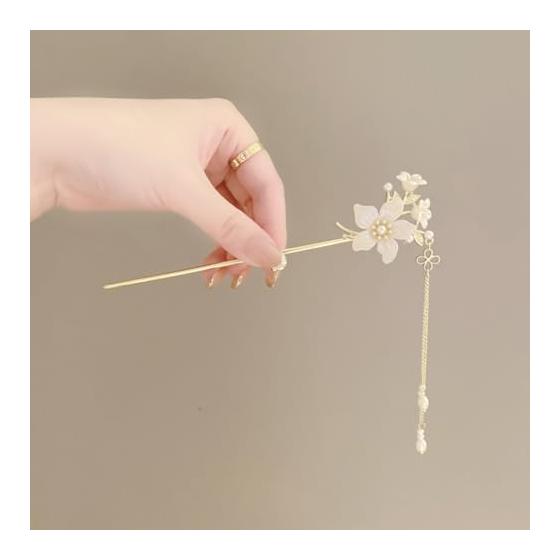 Kanzashi Stick Hairpin Flower Charm Single Pin Simple Hair Accessory Yukata Japanese Style Freesia - White