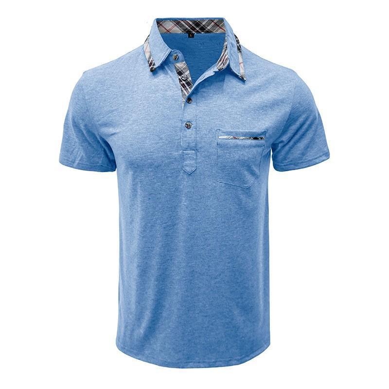 Men Casual Short Sleeve Patchwork Pocket Lapel Polo Shirt S синий