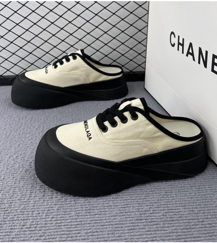 

European Station Simple canvas bag head drag 2025 autumn new one-pedal height increase versatile casual half slippers women 40