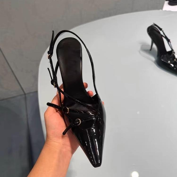 [Spot] Black patent leather temperament high heels women's French sexy small square head thin heel bag head cool slippers temperament