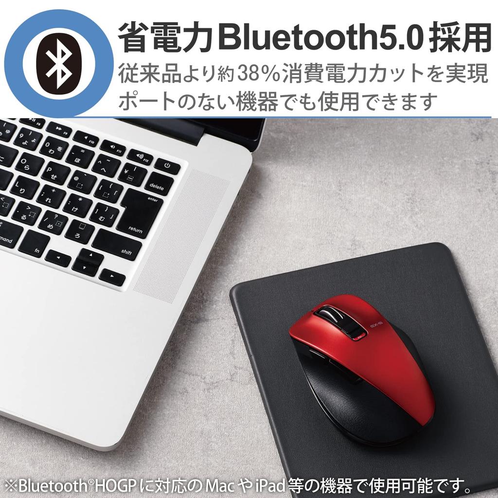 ELECOM Wireless Mouse Bluetooth EX-G, Ultra-Smooth Grip, Quiet Design, 5 Buttons, Multi-Pairing, Medium Size, Red, M-XGM15BBSRD