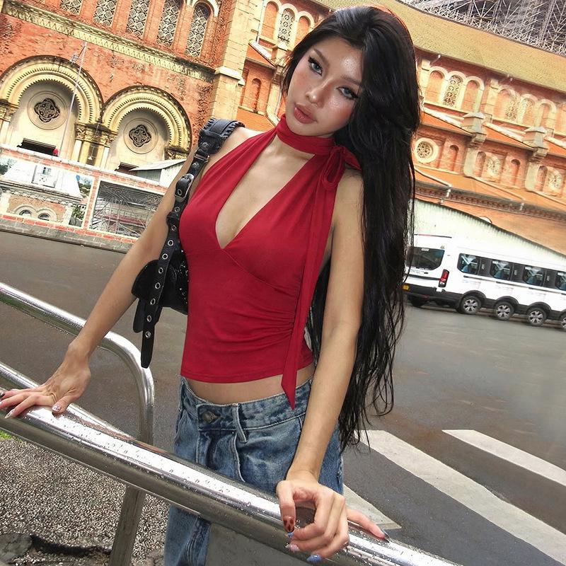Dámské novinky zima 2025: Sexy Crop Top s hlubokým výstřihem na zádech, úzký, se šněrováním