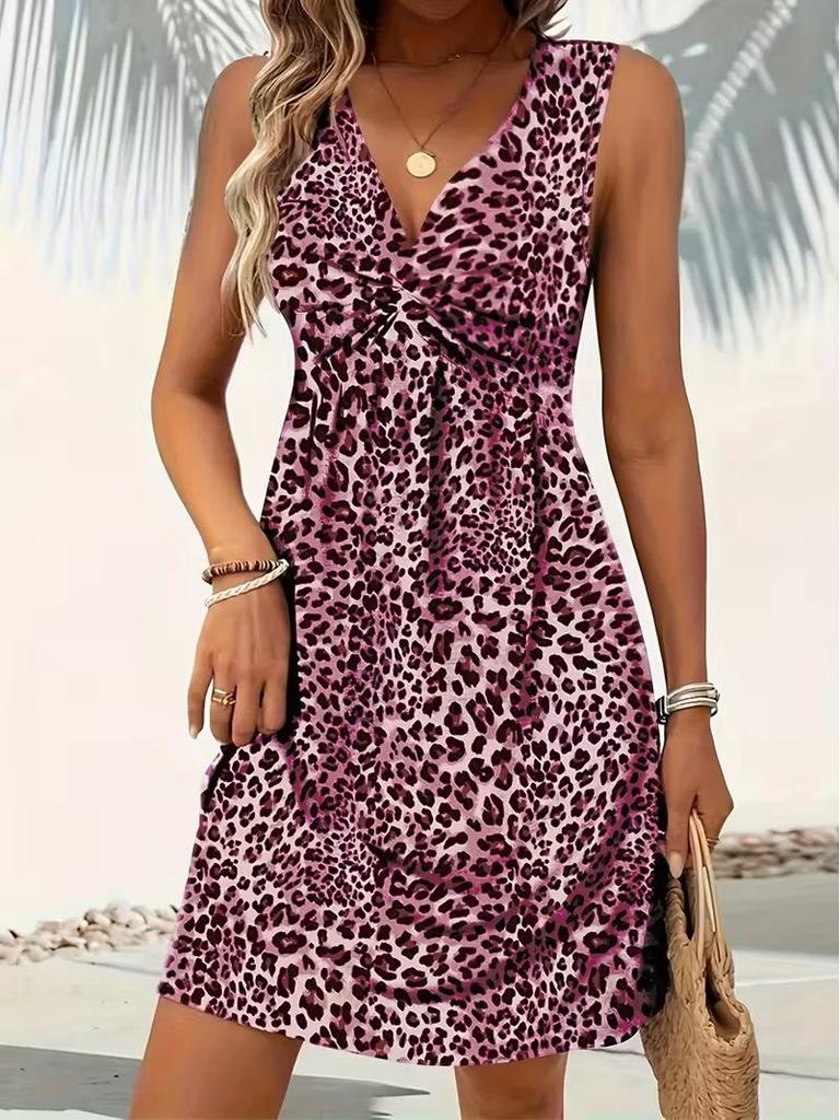 European American Women's 2025 Spring/Summer Leopard Print Twist Dress
