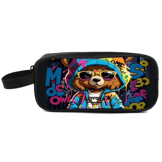 Bear Print Double Layered Pencil Case with Handheld for Boys & Girls Best Gift 3D Cartoon School Pencil Bag