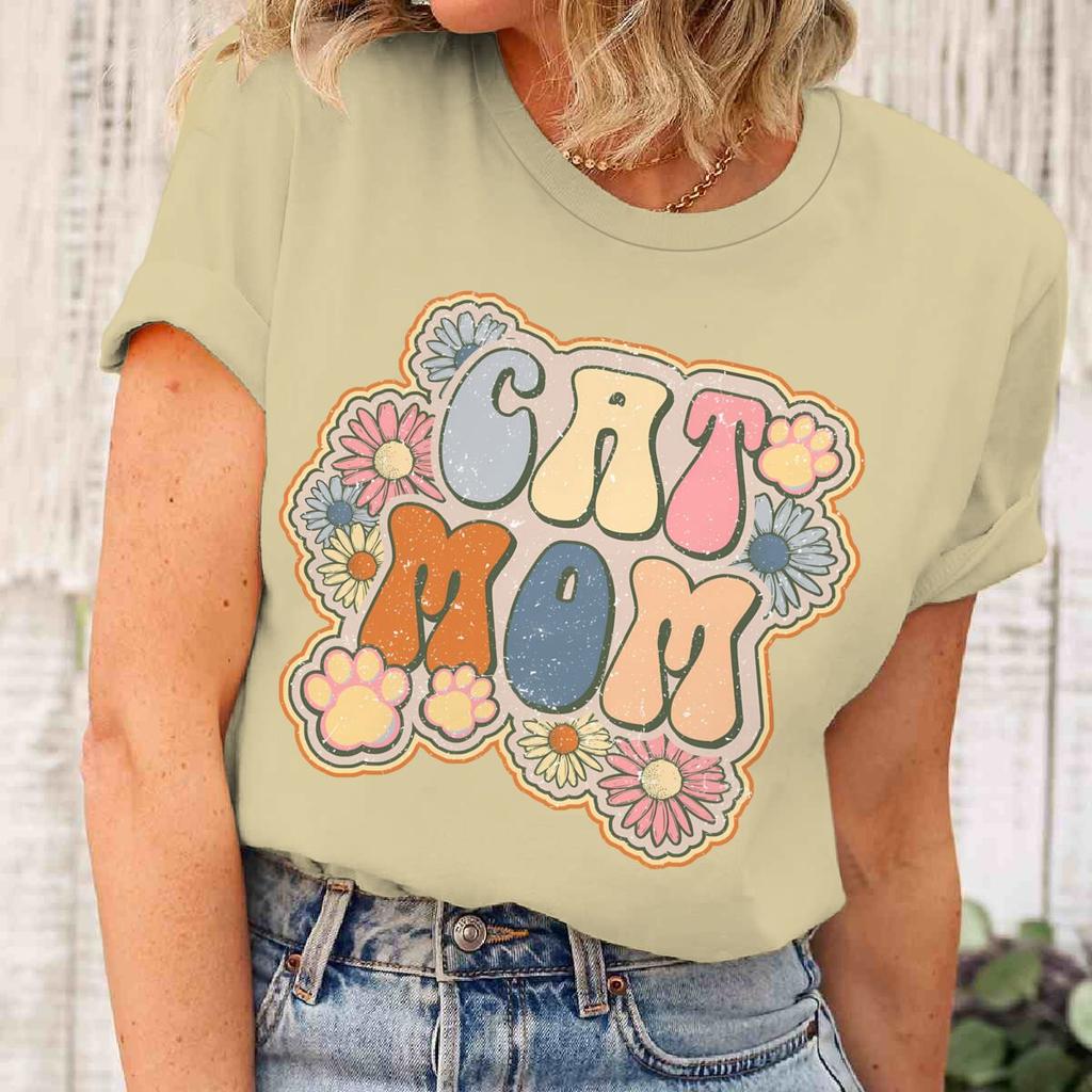 Vintage Cat Mom And Flower Print T Shirt Unisex Bohemia Wildflower Short Sleeve Streetwear Fun Cat Mom Life Tee Casual Female Top