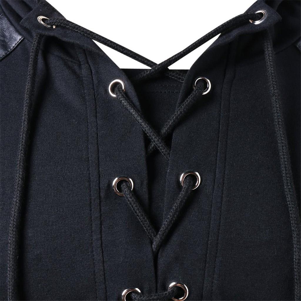 Men Winter Drawstring Vintage Leather Patchwork Long Sleeve Hooded Tops Blouses