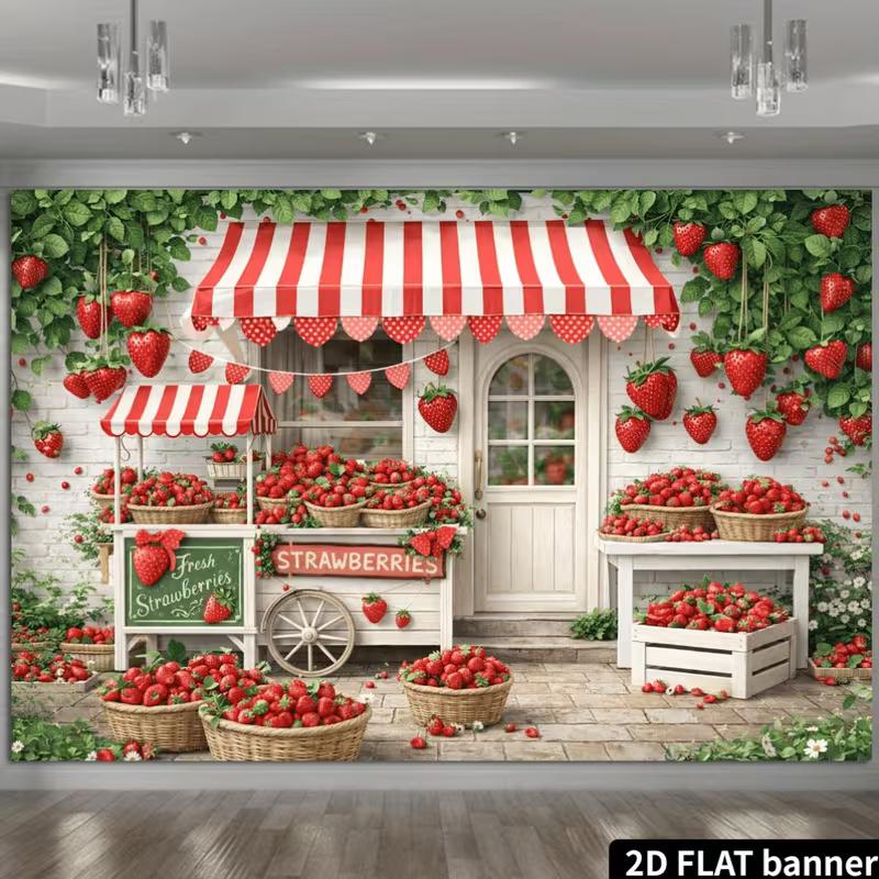 2D Cute Strawberry Market Backdrop, Fresh Fruit Storefront Wall Decor for Home