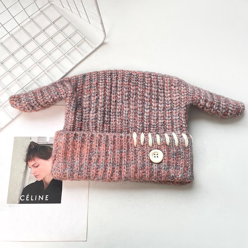 New Funny Thickened Warm Wool Hat Women's Winter Fashion Versatile Knitted Hat Showing Face Small Ear Protection Pullover Hat
