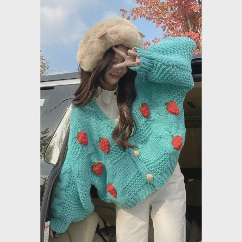 Dámský pletený kardigan s 3D květinovými detaily na jaro 2024 - Volný a všestranný svetr-bunda