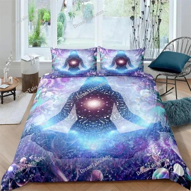 Funda nórdica de meditación de chakras bohemios, juego de cama de yoga con temática relajante, funda de edredón de loto con mandala exótico, decoración para dormitorio tamaño king