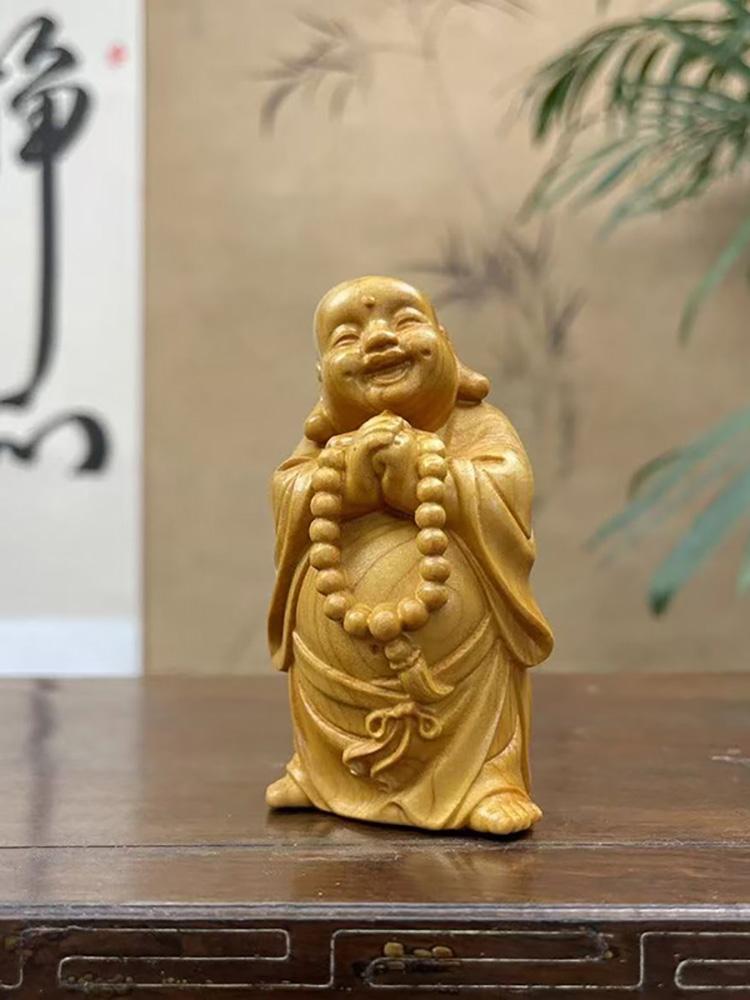 Wood Carving Laughlng Buddha Small Statue  Chinese Characteristic Craftsmanship Home, Room, Office Attracting Wealth Decoration