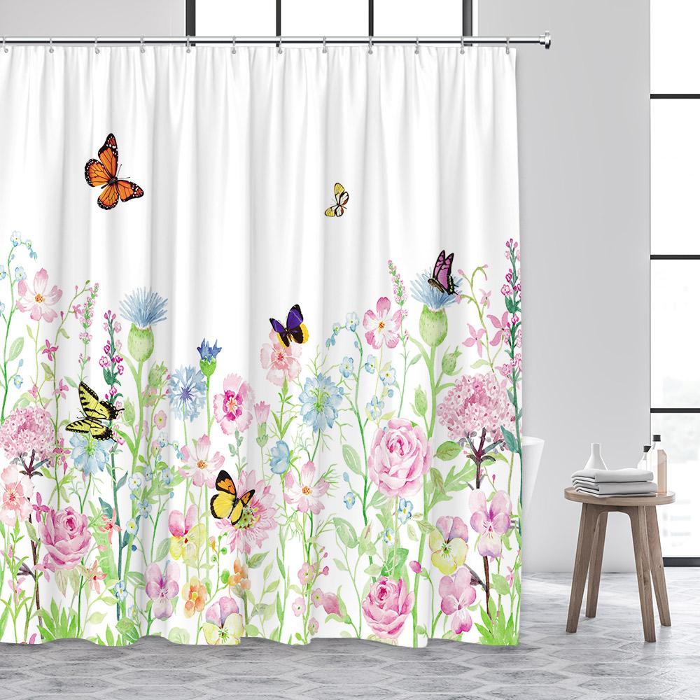 Green Eucalyptus Leaves Shower Curtain Watercolour Floral Butterfly Tropical Plant Leaf Polyester Fabric Decor Bathroom Curtains