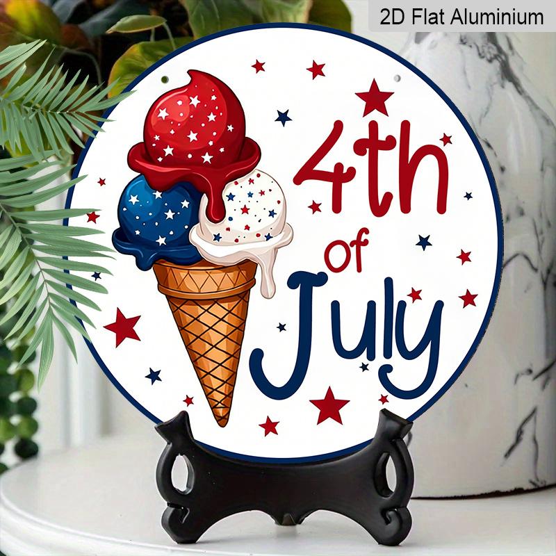 2D Flat 1pc Aluminum Independence Day Patriotic-Themed Ice Cream Wall Decor, 7.87 inches x 7.87 inches Suitable for hanging on front doors, porches
