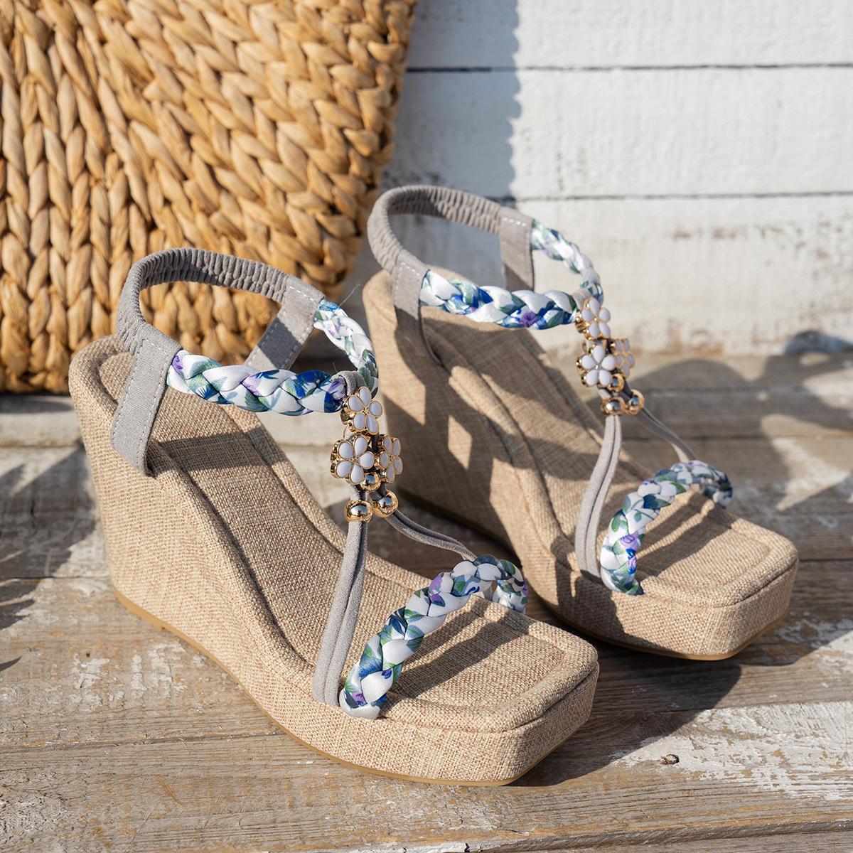 

2026 New Elastic Band Thick-soled Wedge Heel Sandals women s High Heels with Hemp Rope Woven Soles Bohemian Vacation Beach Shoes 35 серый