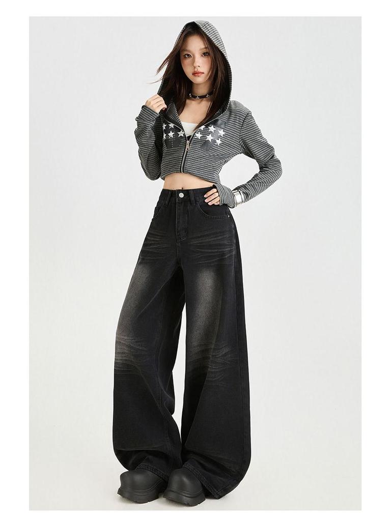 Women's Retro Black & Grey Wide-Leg Jeans with Crease Design for Autumn 2025