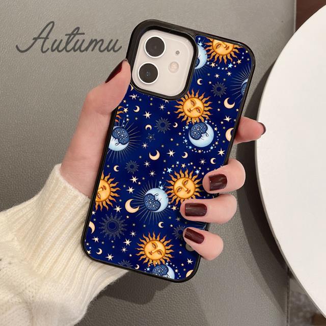Blue Sun and Moon Phone Case for iPhone 11 12 13 14 Pro Max Mini X XR XS SE 2020 6S 7 8 Plus Samsung Galaxy S21 S22 Cover Shell