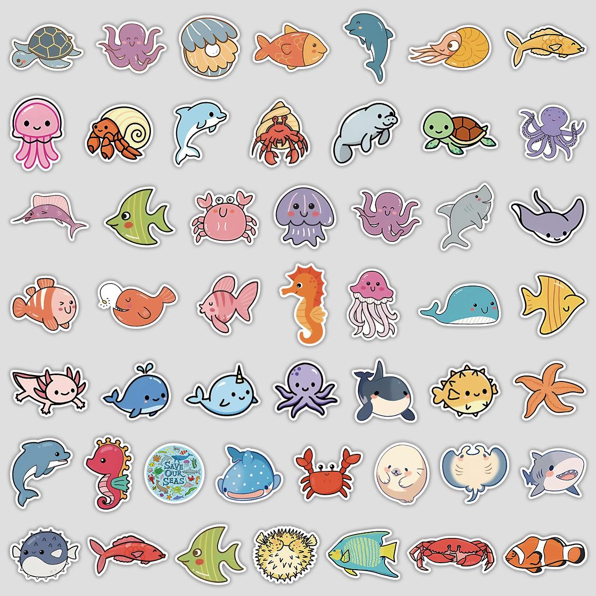 

50 New Style Marine Animal Graffiti Stickers Water Cup Suitcase Waterproof Decorative Stickers Creative Stationery Stickers