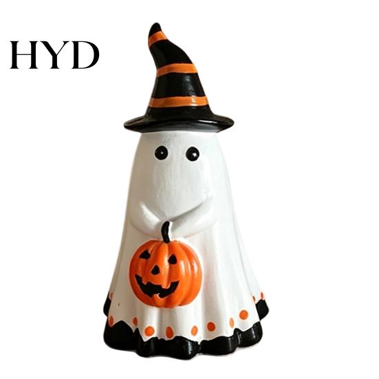 Handcrafted Ghost Ornament Halloween Figurine with Witch Hat, Cute Small Resin Decorative Holding Pumpkin Statue for Home Table Shelf Desk Decor