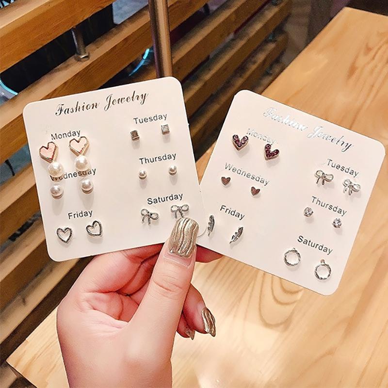 Stud Earrings Set For Women Statement Heart Star Snowflake Flower  Pearl One Week Minimalist Set Of Earrings Gift