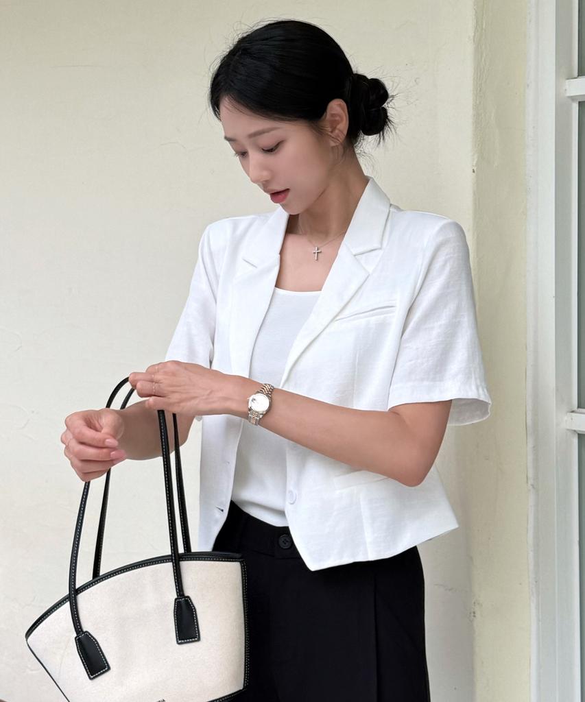 Frenchchic Chiccro Linen Semi-Crop Short Sleeve Jacket_F6H438Jk