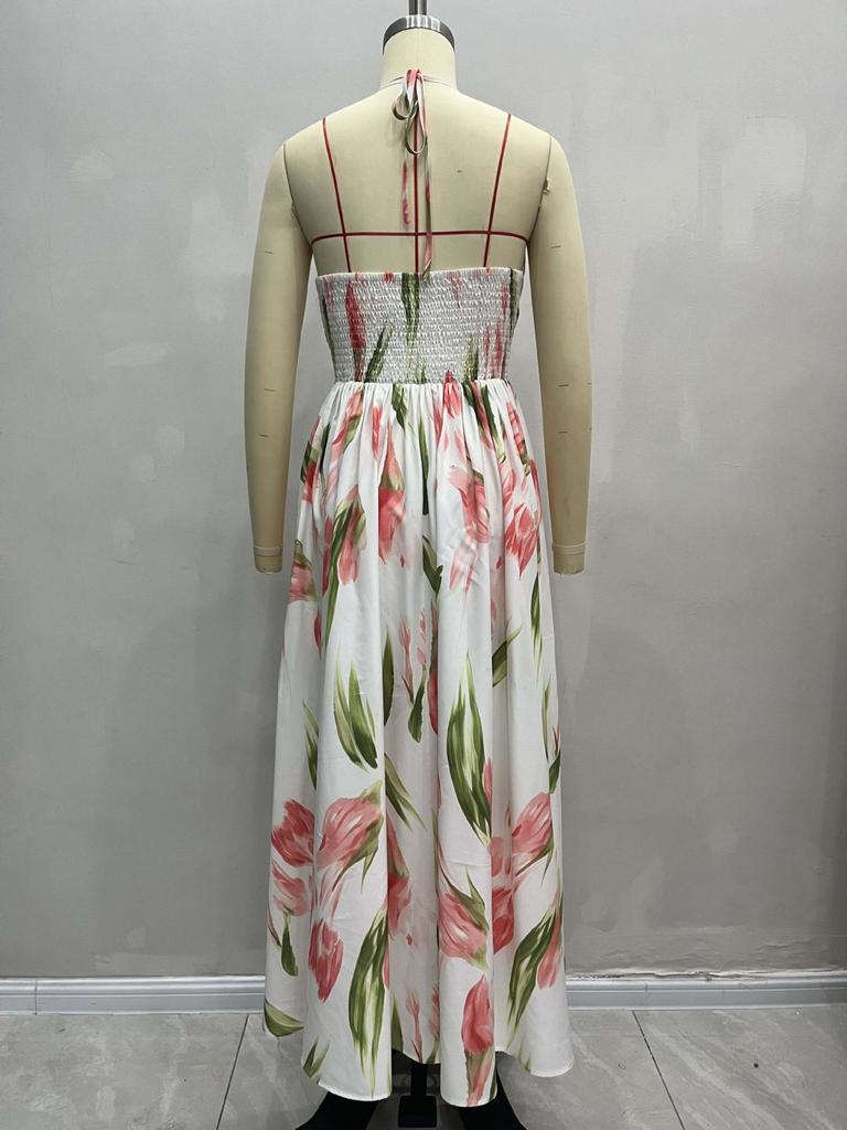 Frühling/Sommer Romantisches Resort-Stil V-Ausschnitt Rückenfreies A-Linien-Kleid - Damen Strandmode