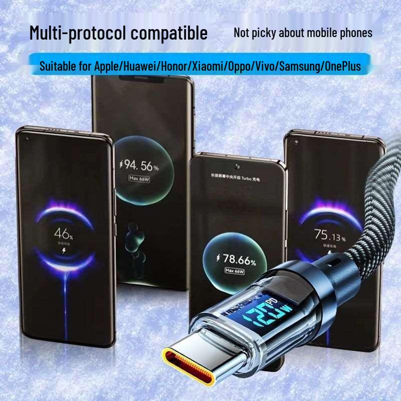 120W Dual-Head Type-C Fast Charging Cable with Digital Display for Huawei & Apple