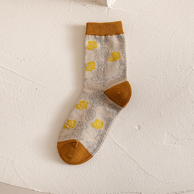 Vintage Floral Print Middle Tube Socks For Women Soft Cotton Autumn Spring Harajuku Japanese Socks Female Girl Casual Long Sock