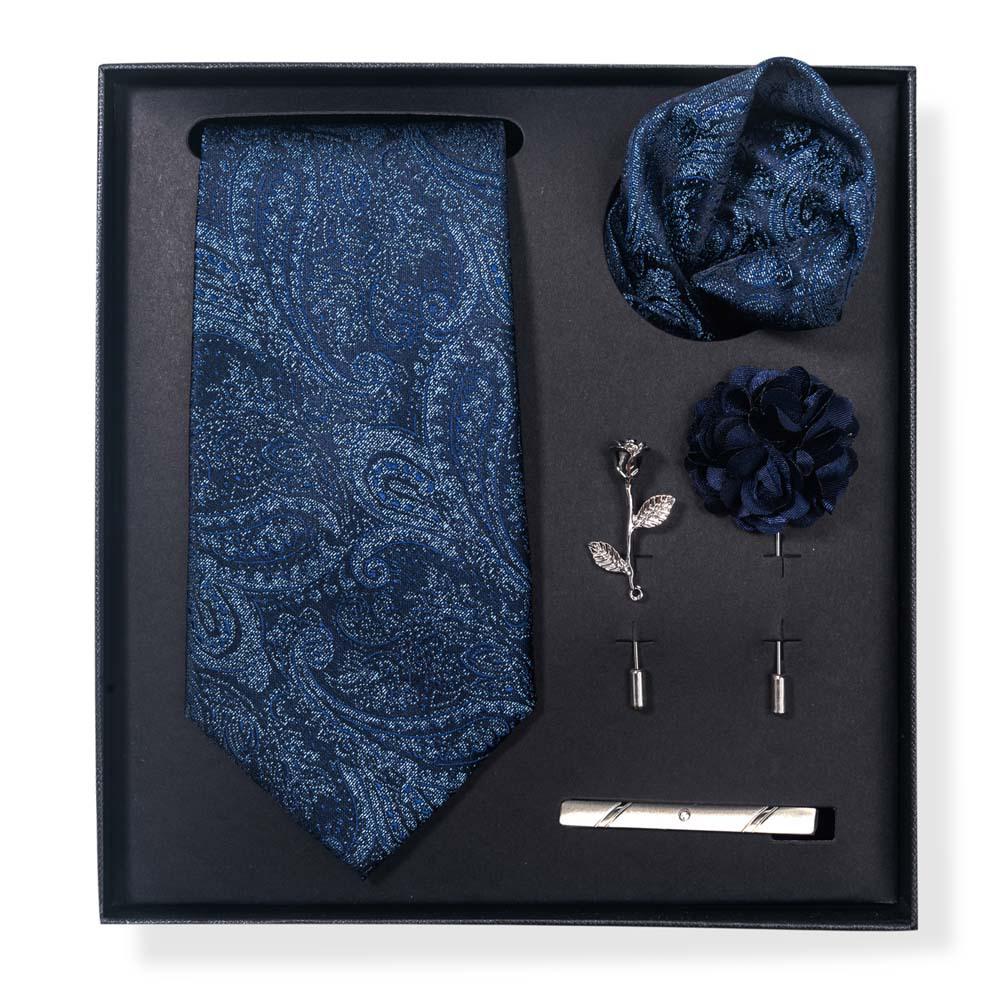 Paisley-Blumen-Krawatten-Geschenkset: Enthält Krawatte, Einstecktuch, Manschettenknöpfe, Ansteckblume und Krawattennadel in einer sechsteiligen Schachtel