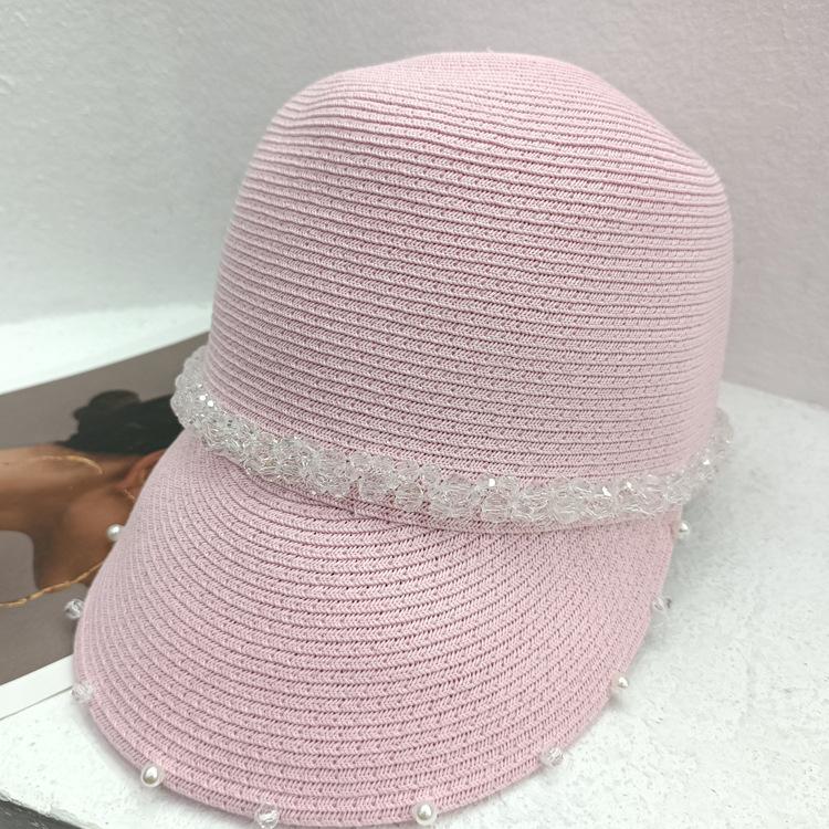 Pălărie ecvestră cu limbă de rață țesătă din paie cu perle de cristal Pălărie de paie de cavaler versatilă coreeană pentru femeie de vară Pălărie de soare la modă ocazională