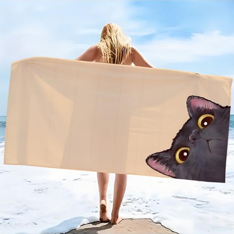 

2D Flat, 1pc,Cute Illustration of a Black Cat Looking Up Beach Towel, Soft and Skin-Friendly, Non-Shedding,Easy to Clean,Durable W40*H60(CM)