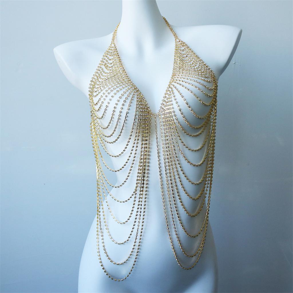 European And American New Fashion Multi-Layer Chest Chain Shiny Rhinestone Personalized Sexy Banquet Dress Body Chain Accessories Women