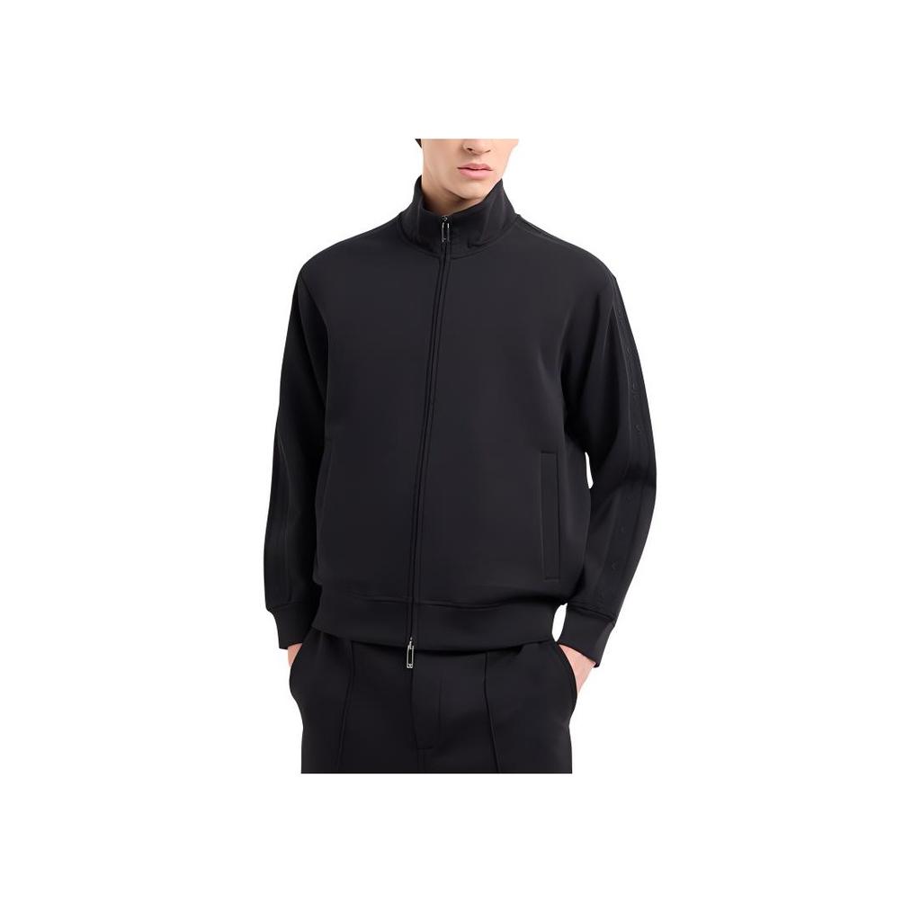 Emporio Armani Solid Color Stand Collar Embroidered Strap Zipper Hoodie Men Hoodies Black 6D1MA8-1JHSZ-0999