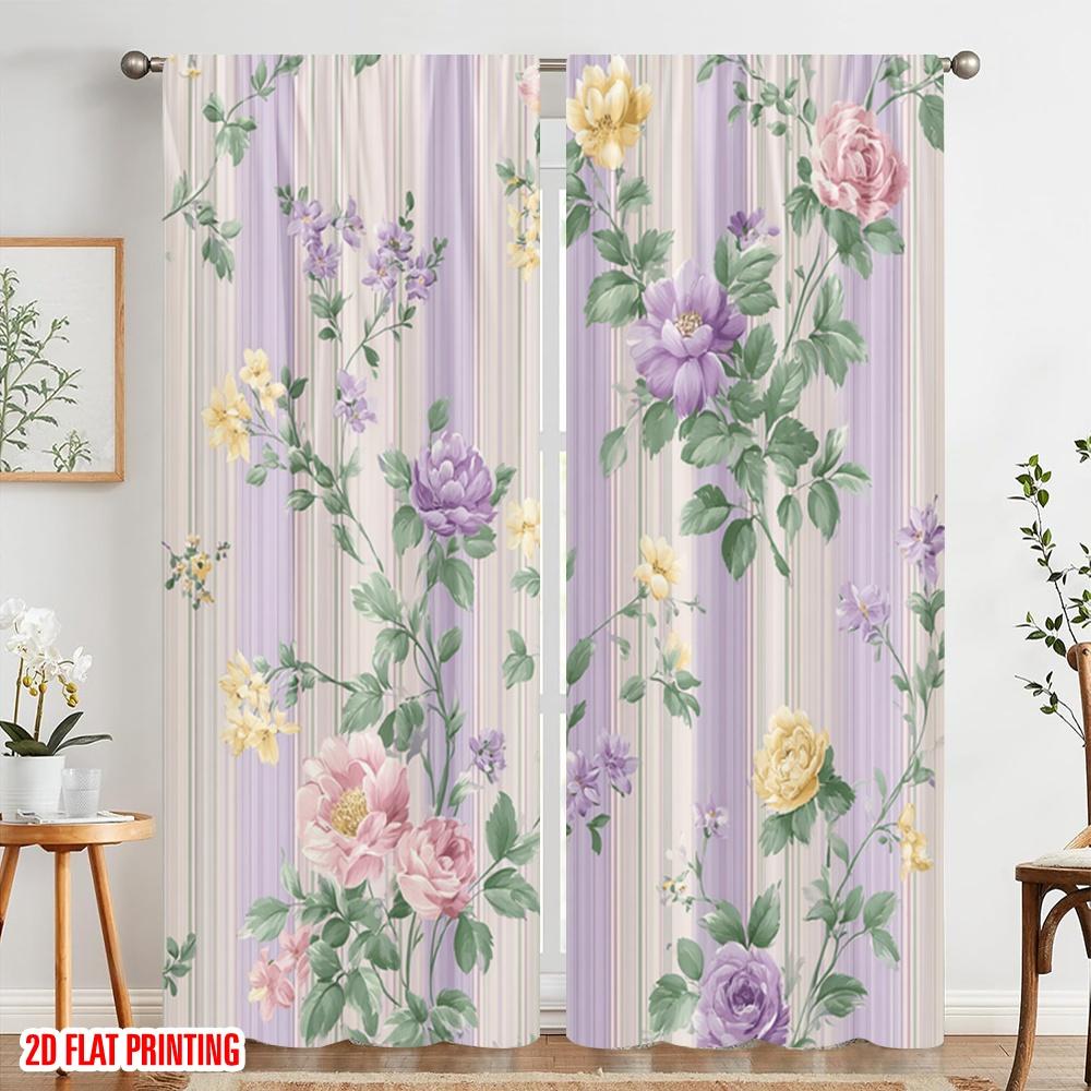 2 Stück, 2D-Flachdruck Vorhang Beliebt Floral Streifen Harmonie Vielseitiger Polyesterstoff (ohne Stange) Festlich Perfekt für