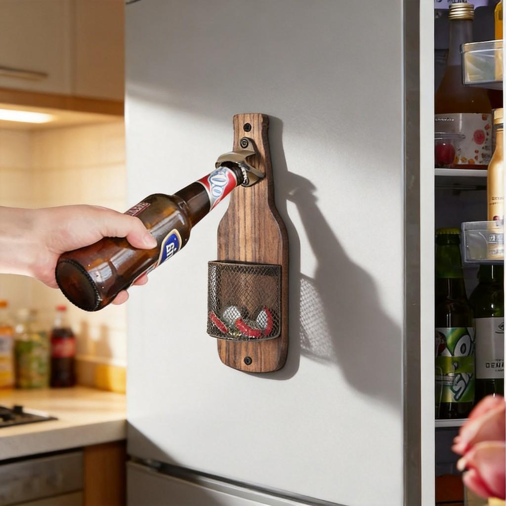 Wooden Wall Mounted Beer Opener With Cap Catcher For Bar Kitchen Decor