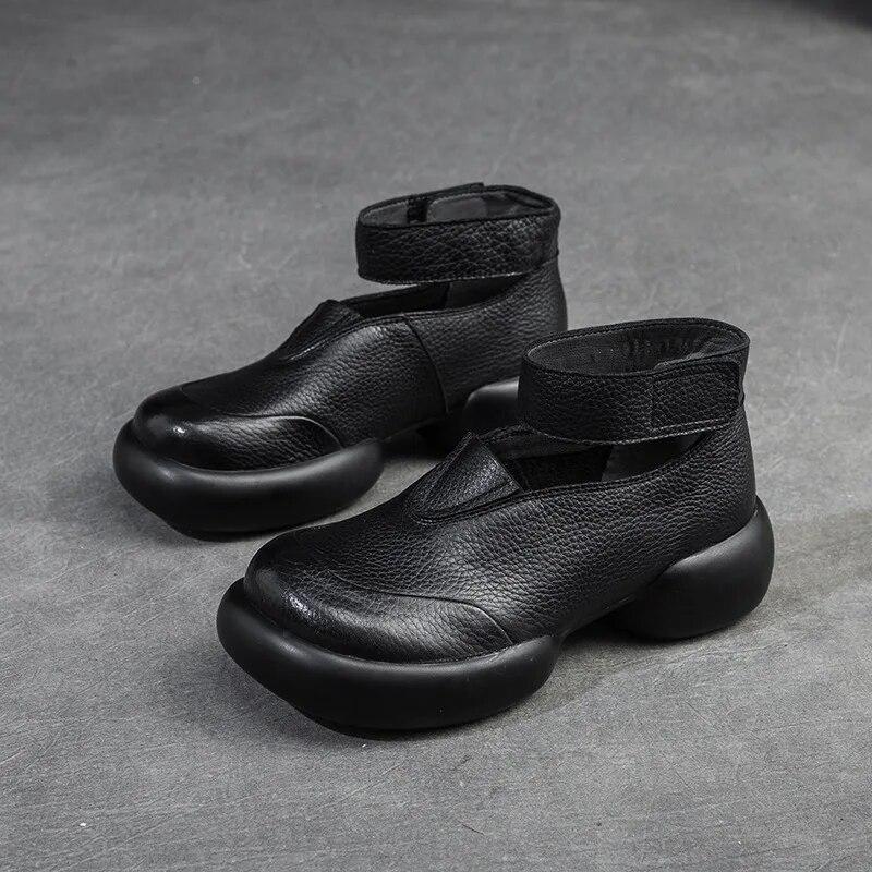 Johnature Genuine Leather Round Toe Thick Sole Pumps Casual Comfortable Hook & Loop Women's Shoes