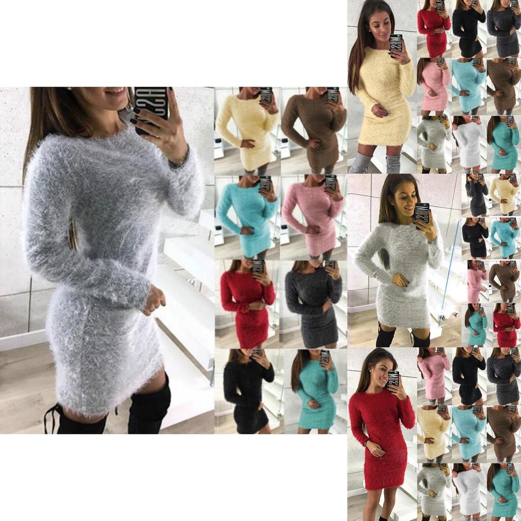 Women's Fluffy Long Sleeve Sweater Top Cozy Bodycon Mini Jumper Dress Blouse