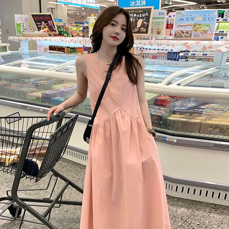 

French Platycodon pink sleeveless vest dress women s summer new gentle wind small temperament long dress S розовый