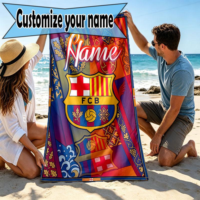 Serviette de Plage Personnalisée avec Nom Club de Football Barcelone, pour Voyage Camping Fête à la Plage Décoration Intérieure, Cadeau d'Anniversaire pour la Famille et les Amis