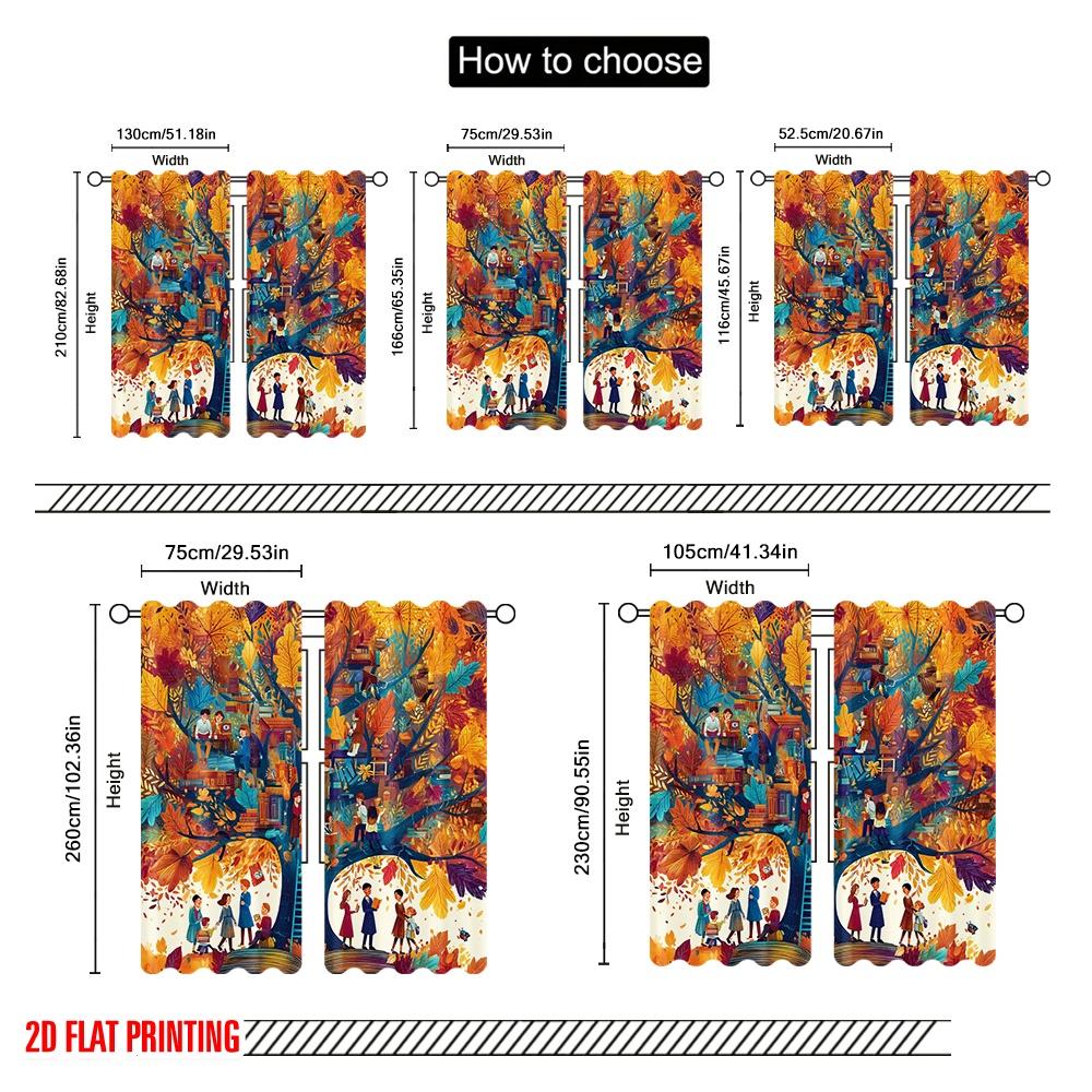 2pcs,2D Plane Printing Curtain Fabric People Reading Books Under The Colorful Durable Polyester (without Rod) All Seasons
