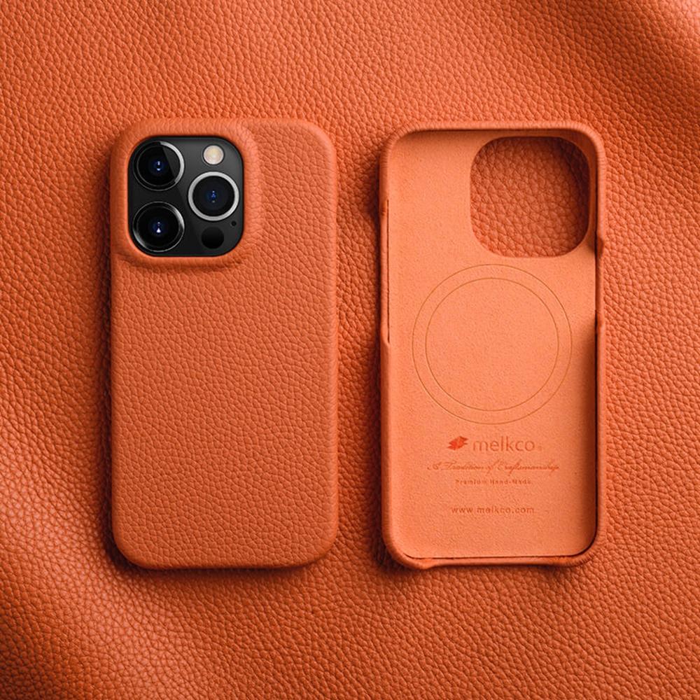 MELKCO For iPhone 14 Pro Max Magnetic Protective Case Genuine Cow Leather Coated PC Phone Cover