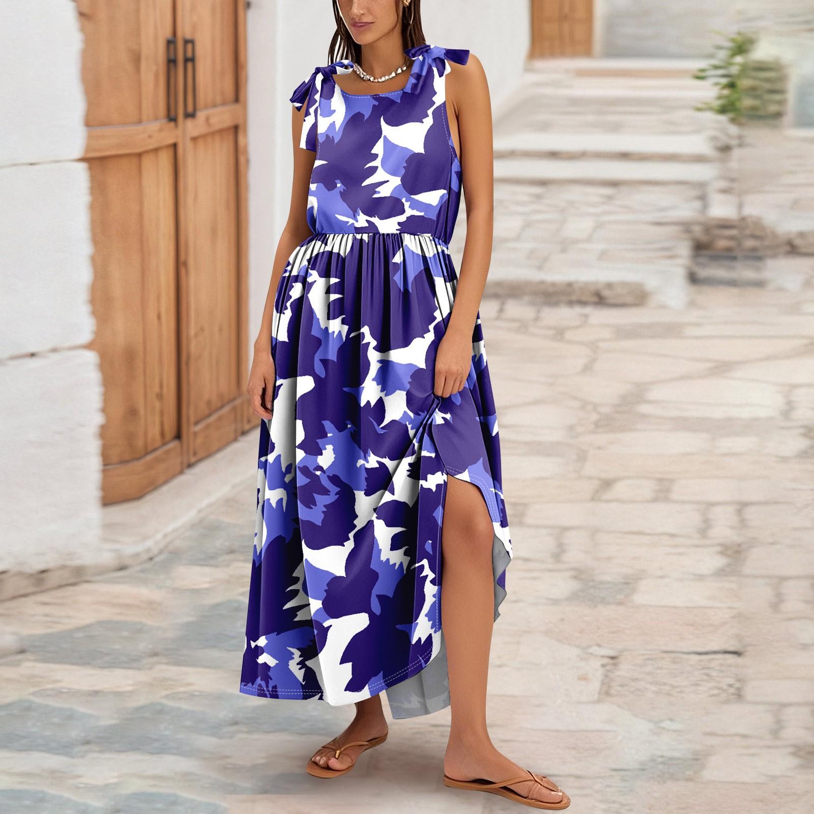 

Women s Summer Fashion Tank Dress A-Line Sleeveless Casual Floral/Solid Pocket Dress L синій