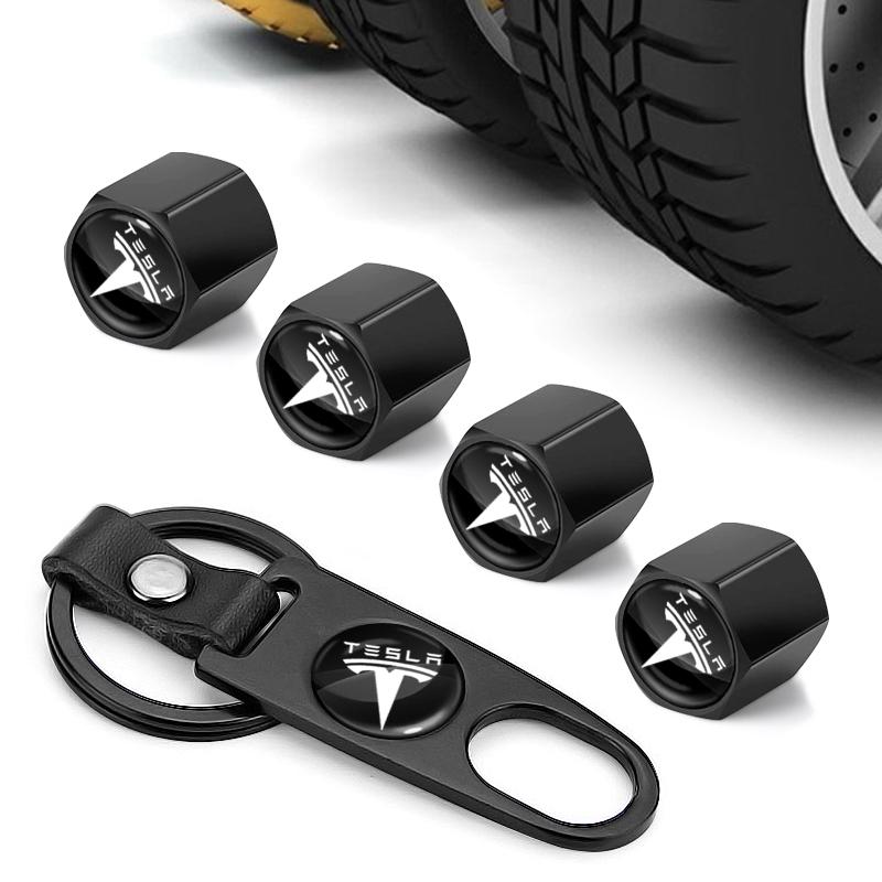 5Pcs/Set Car Wheel Tire Air Valve Caps with Keychain Auto Accessories For Tesla Model S Model X Model Y Cybertruck Model 3 Model Y
