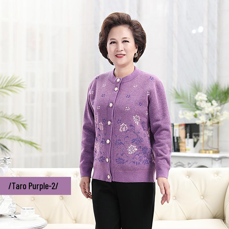 2021 New Lamb Wool Plus Velvet Cardigan: Warm Print Top for Middle-Aged and Elderly