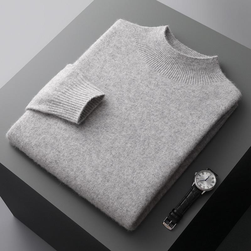 Men's Pure Wool Half-High Collar Solid Color Pullover Sweater - Loose, Plus Size, Warm Knitwear